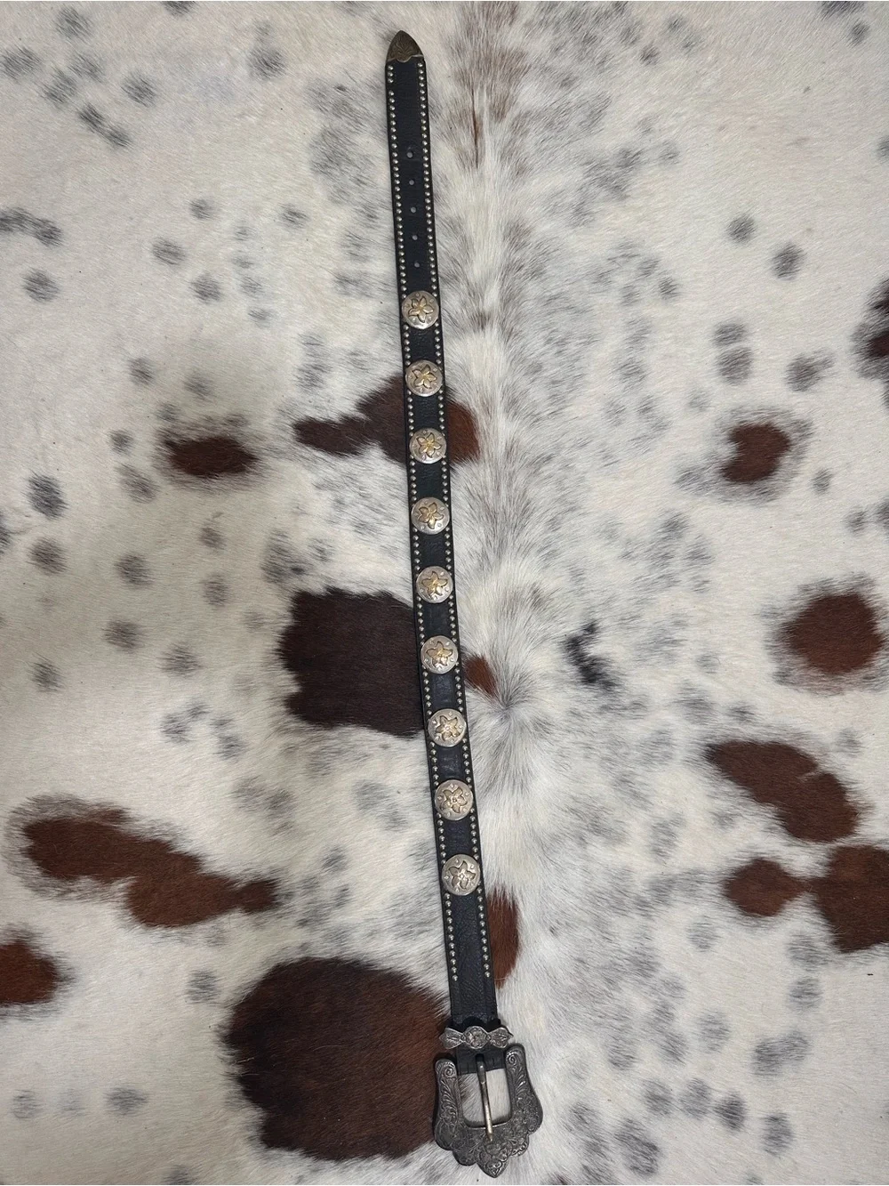 Vtg Studded Silver Gold Toned Conchos Western Leather Belt SZ S/M Ornate Buckle